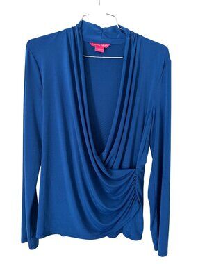Sunny Leigh Faux Wrap Top Size Large V Neck Long Sleeve Royal Blue Party Chic